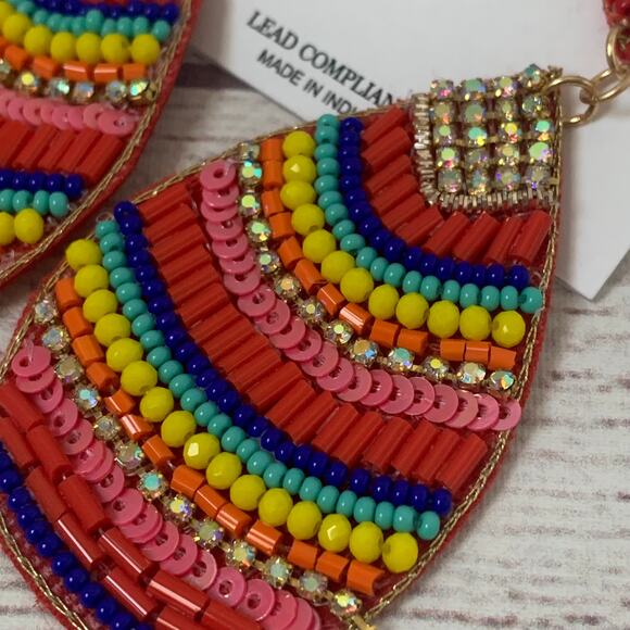 Natasha Multi-Color Beaded Dangle Earrings Striped Felt Back Post Push Back - Picture 11 of 16